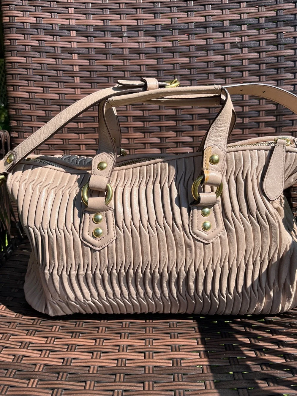 Coach Ashley Pebble-Pleat Satchel in Light Beige